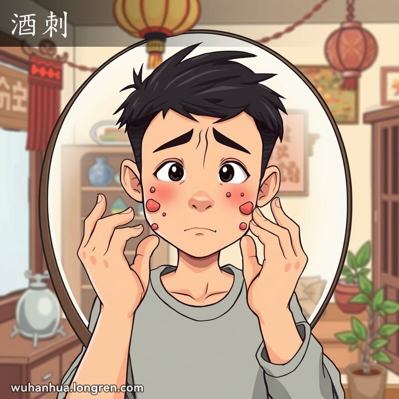 一位武汉年轻人站在镜子前，面带忧虑地检查脸上的小红疙瘩，背景是武汉家庭环境