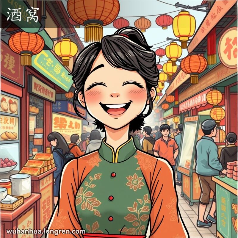 一位武汉年轻女子在市场中开怀大笑，脸颊上显现出深深的酒窝，背景是武汉街头的繁忙景象