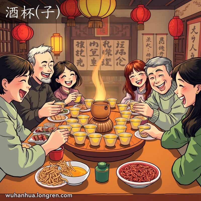 一群朋友围坐在桌旁，举起酒杯畅饮，背景是温馨的房间，装饰有红灯笼和书法挂轴。
