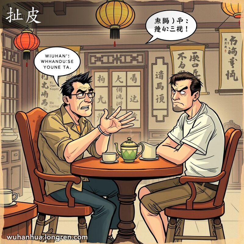 两位男子在武汉茶馆内进行激烈的讨论，一人解释，另一人怀疑，背景是传统的中国灯笼和书法卷轴