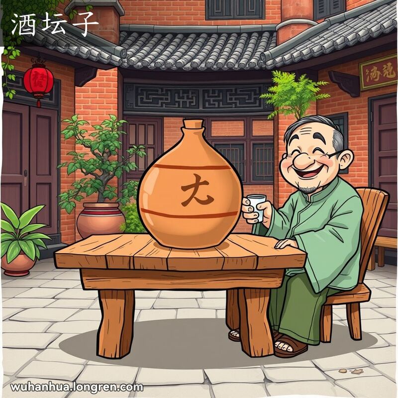 一个传统的武汉庭院，桌上放着一个大酒坛子，老人准备倒酒，背景是武汉老式建筑