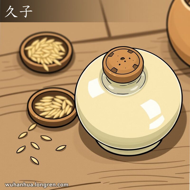 一个传统的中国陶瓷瓶，瓶口用木塞紧紧封住，背景是一张古朴的木桌，桌上散落几粒米