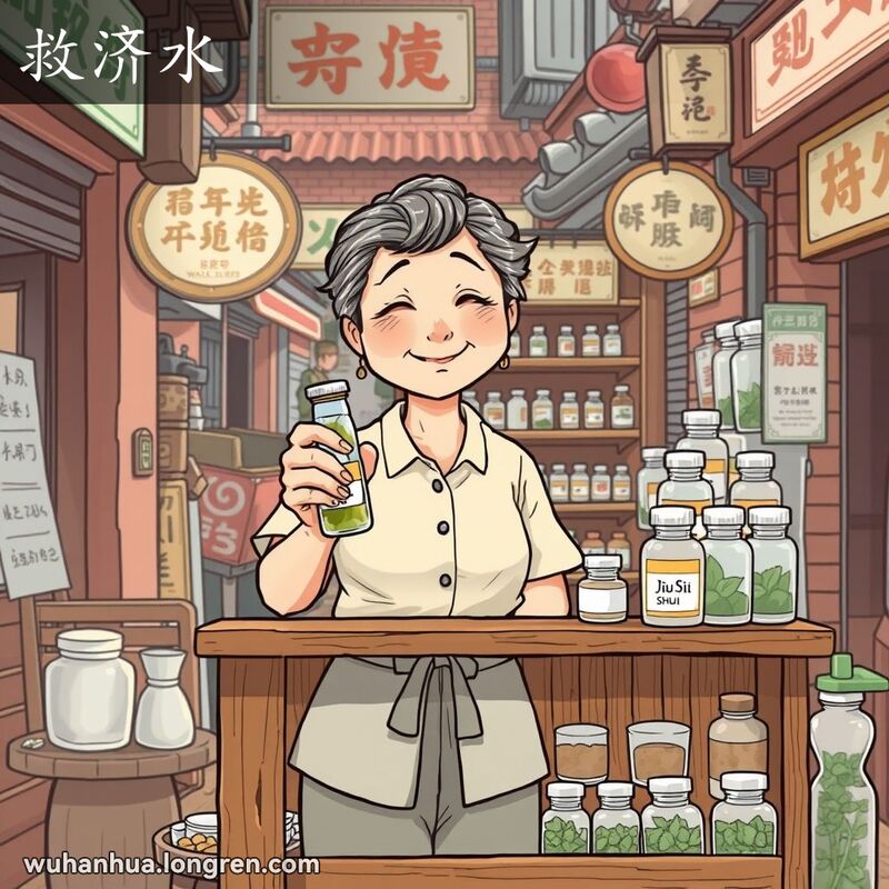 一位中年妇女在武汉街市摊位前展示“救济水”，背景是传统草药和老街景