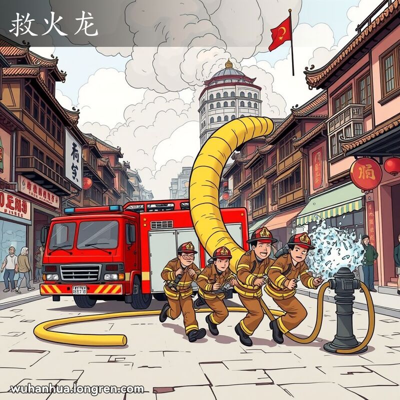 武汉老街上，消防员正连接帆布水管进行灭火，背景有建筑物冒烟，画面紧张急迫。