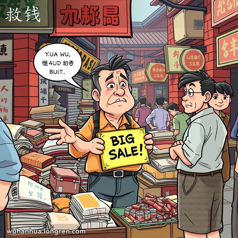 武汉市场中，店主焦虑地低价出售滞销货物，背景是堆满未售出商品的摊位。