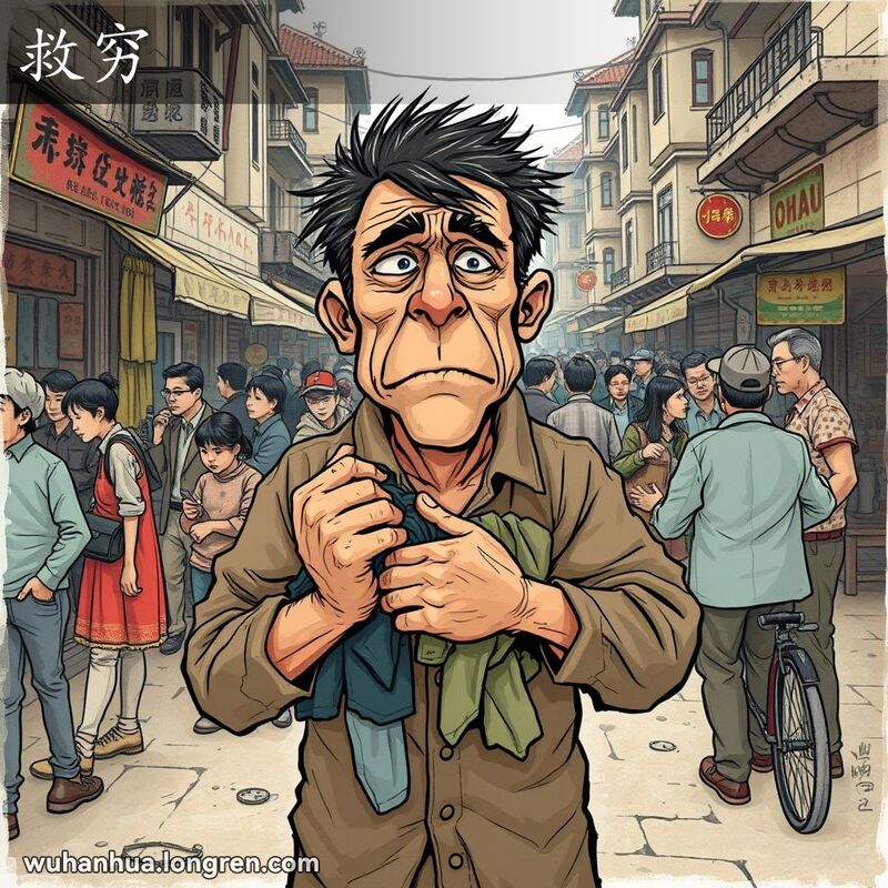 一位衣衫褴褛的男子在武汉市场上卖旧衣服，脸上露出绝望的表情，背景是忙碌的街头小贩和老建筑
