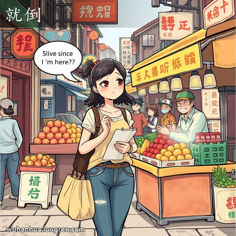 一位年轻女子在武汉市场中，手持购物袋和清单，望着水果摊，露出“就倒”的表情，背景是热闹的市场景象。