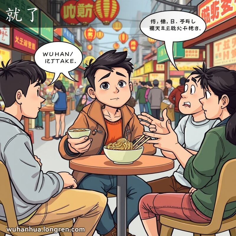 一群朋友在武汉街头市场，一位朋友手持热干面，表情失望，另一位朋友用手势强调观点，背景是热闹的市场摊位