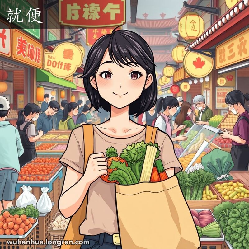 一位年轻的武汉女子在市场中手持购物袋，脸上带着满意的微笑，背景是热闹的市场和各种摊位