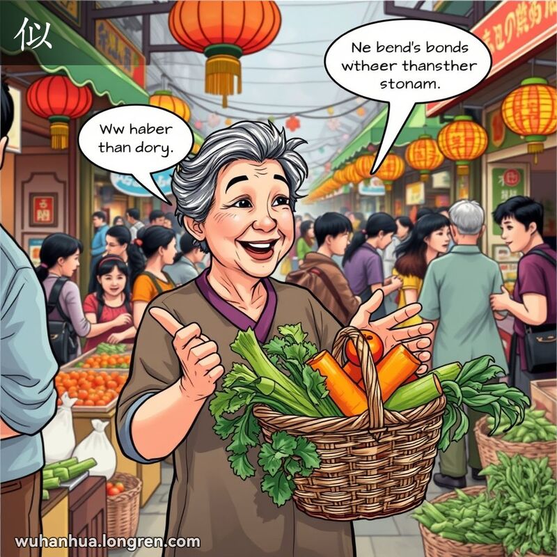 武汉传统市场中，一位中年妇女手持蔬菜篮子，微笑着与邻居交谈，背景是热闹的摊位和人群。