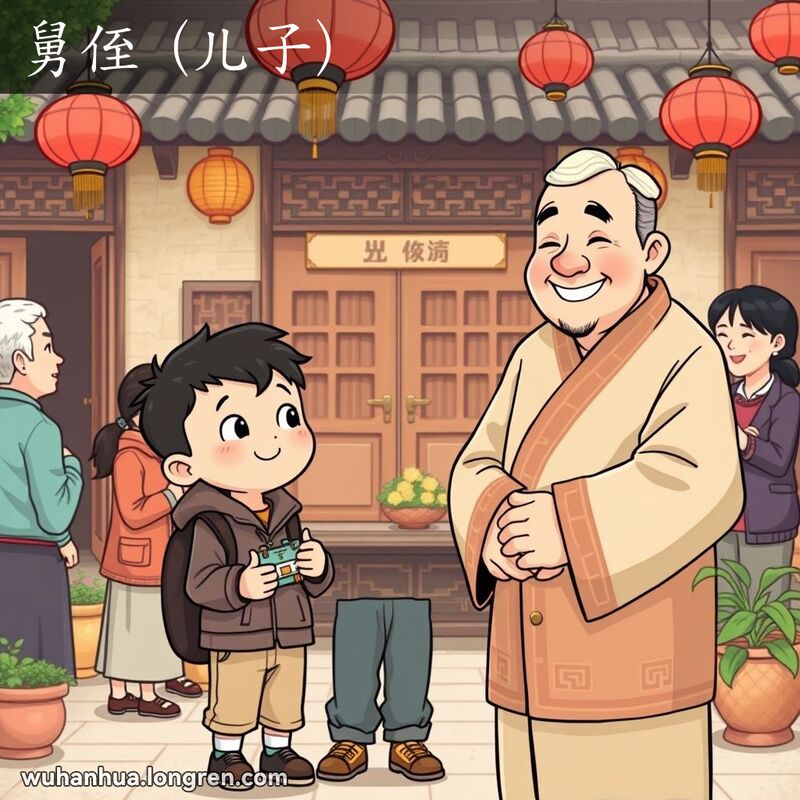 一个男孩在武汉老式庭院中与舅舅站在一起，背景是传统的家庭聚会场景