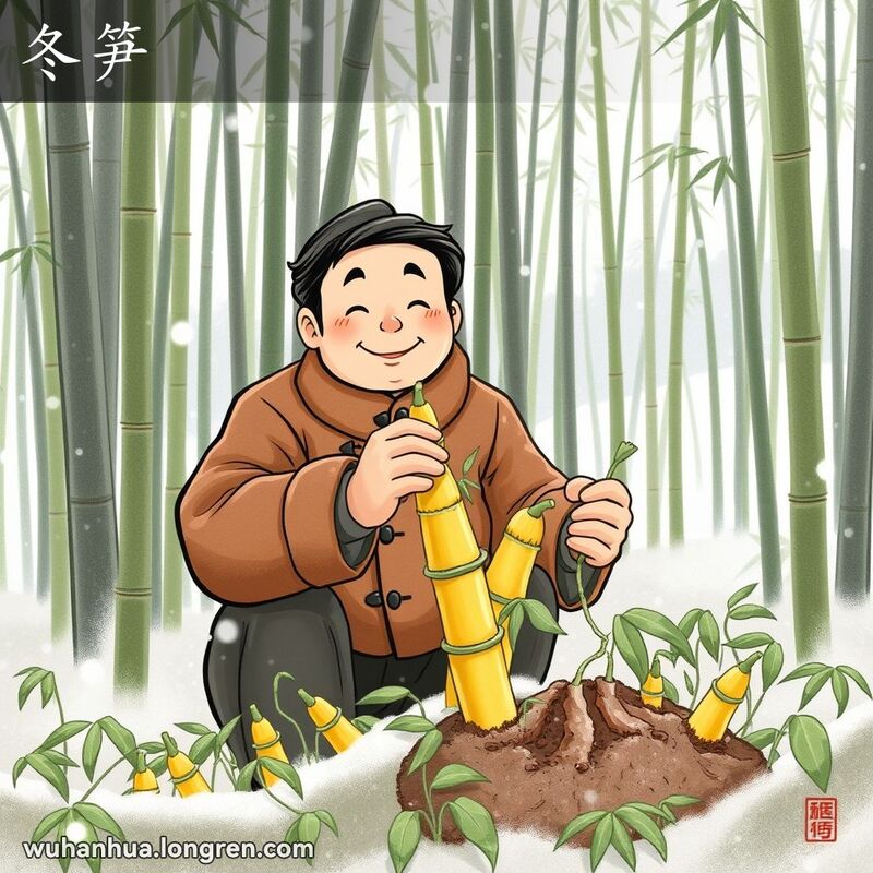 冬季竹林中，武汉居民挖出新鲜冬笋，背景是高大竹子和宁静的冬季景色