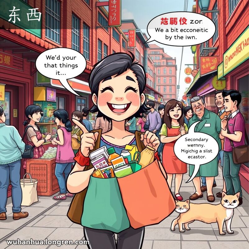 武汉街市场景，女子手持购物袋，背景有人聊天和宠物，表现“东西”的多重含义