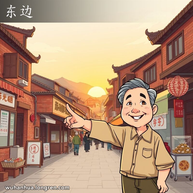 一位武汉市民站在街道上，指向东方，背景是忙碌的市场和远处的山脉，阳光正从东边升起。