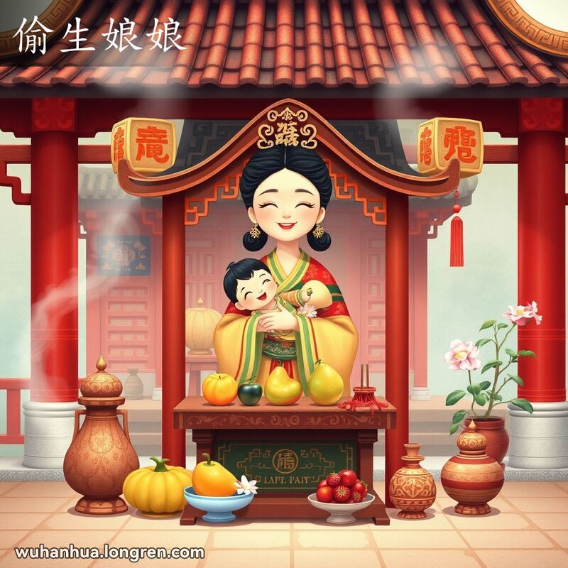 传统中国寺庙场景，女神怀抱小孩，神龛前有供品，背景有中国建筑元素