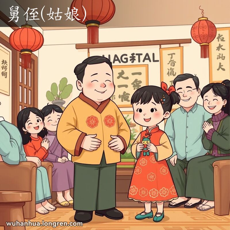一个小女孩和她的舅舅在温馨的家庭聚会中，背景是传统的中国装饰和其他家庭成员