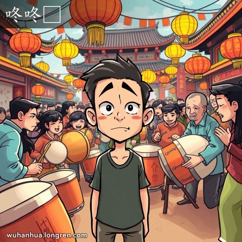 热闹的节日场景中，人们敲锣打鼓，主角显得迷茫和困惑，背景是传统的中国灯笼和装饰旗帜