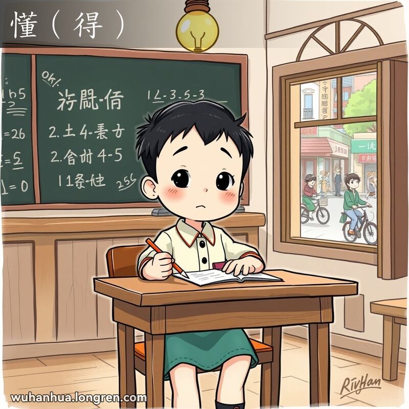 一位学生在教室里解数学题，头顶亮起灯泡，象征明白的瞬间，背景是武汉街景