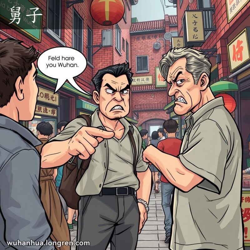 一位男子在武汉老街市场与人争吵，指着对方露出鄙视和愤怒的表情，体现“舅子”的含义。