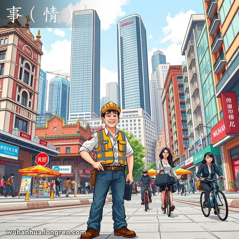 武汉市繁忙街道，一位男子手持工具箱准备工作，一位女子走向办公楼，背景有小贩和行人