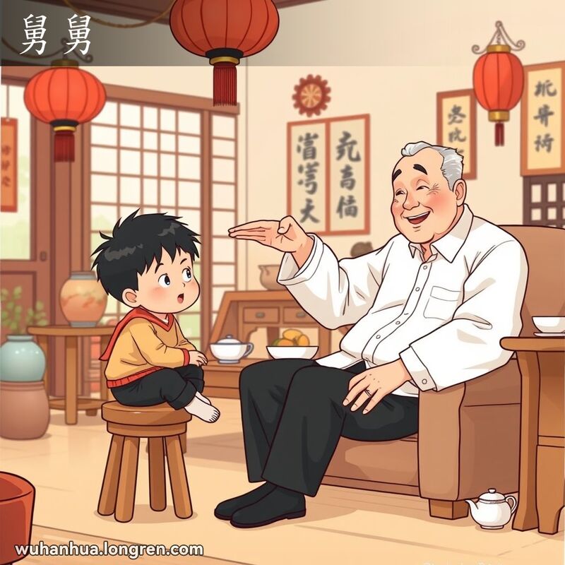 一个小男孩坐在木凳上，仰慕地看着坐在沙发上的舅舅，背景是传统的中国装饰和家庭氛围