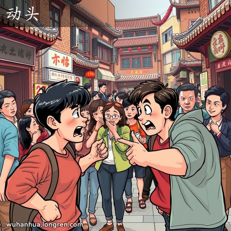 两人在武汉街头争吵，情绪激动，背景是热闹的街道和传统建筑
