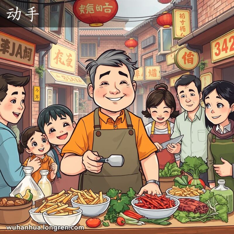 一群武汉市民在老街区围绕桌子准备烹饪，背景是武汉老街景，表现“动手”的场景