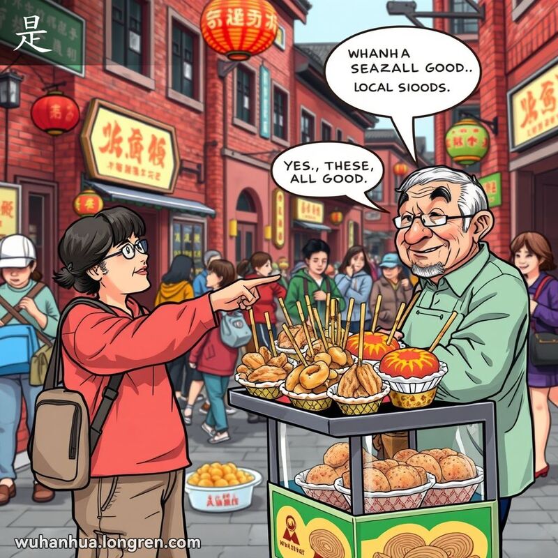 一位武汉市民在街头市场指着小吃，小贩点头表示都很美味，市民露出满意的表情。