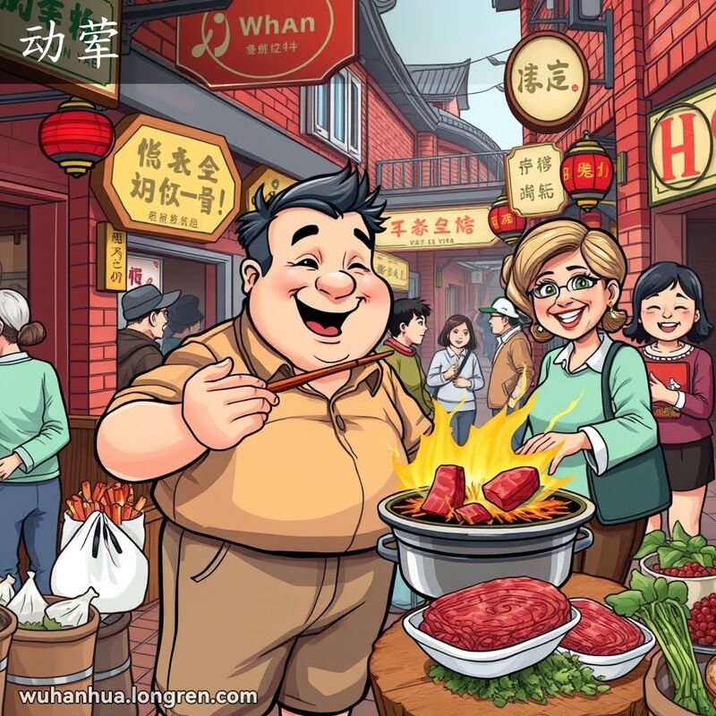 一位中年男子在武汉市场的火锅摊前夹肉，摊主微笑鼓励，背景是繁忙的市场景象