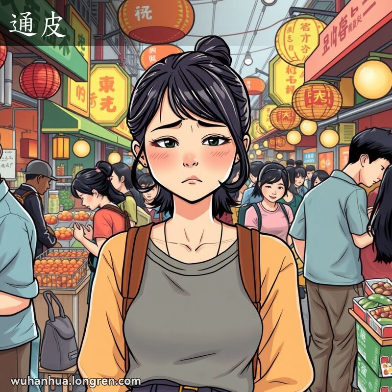 一位年轻的武汉女子在市场中因尴尬情况显得不自在，脸颊微红，低头避免与周围人眼神接触，背景是热闹的武汉市场。