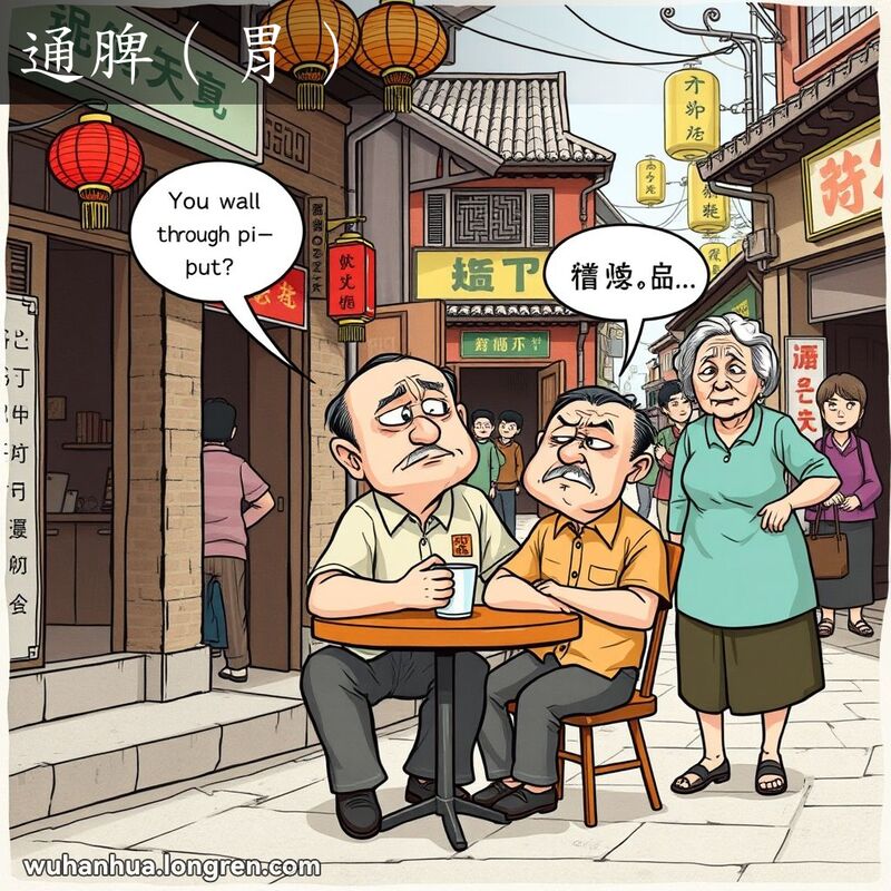 一位中年男子坐在武汉老街茶馆外，面露困惑和不解的表情，背后有一位老妇人摇头表示失望，反映“通脾（胃）”的语义。