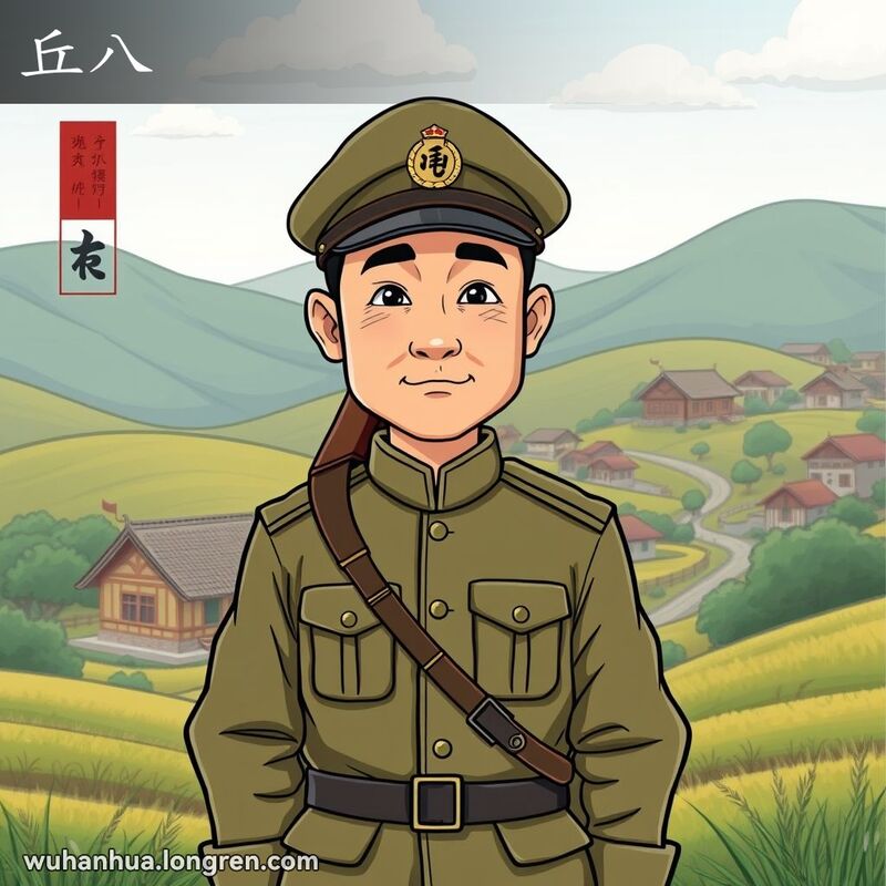 一位20世纪初的中国士兵，身穿传统军装，肩挎步枪，站在乡村背景前，背后是连绵的丘陵和简朴的村庄。