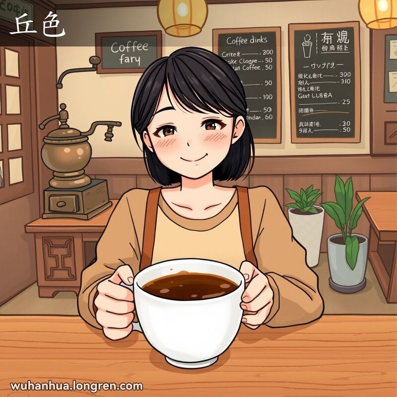 一位年轻女子在咖啡馆里手捧一杯深棕色的咖啡，背景是温馨的咖啡馆内景