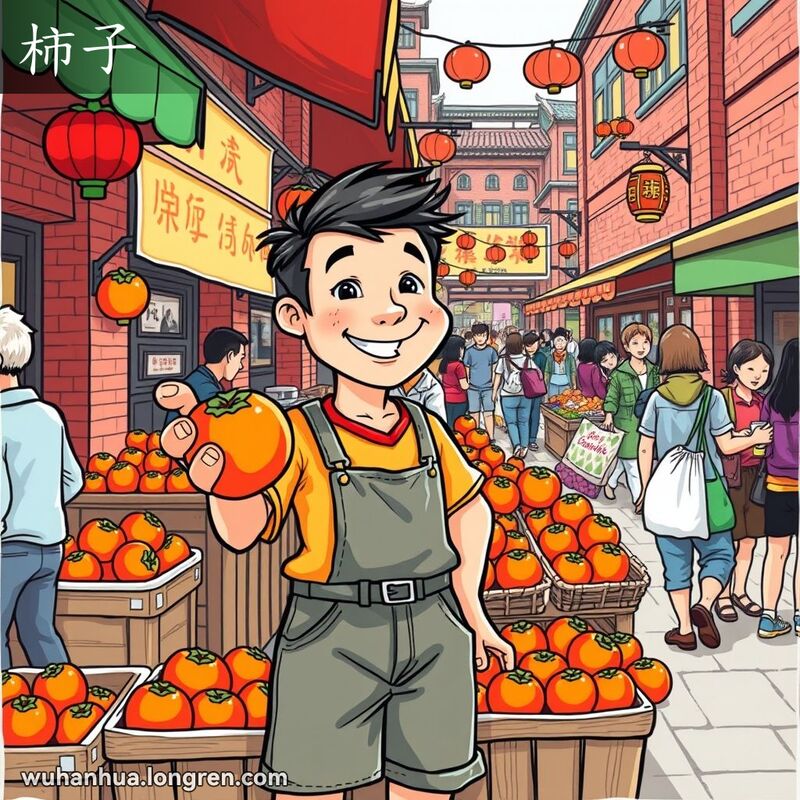 武汉街头市场，摊主手持新鲜柿子，热情邀请路人品尝，背景有其他摊位和行人。