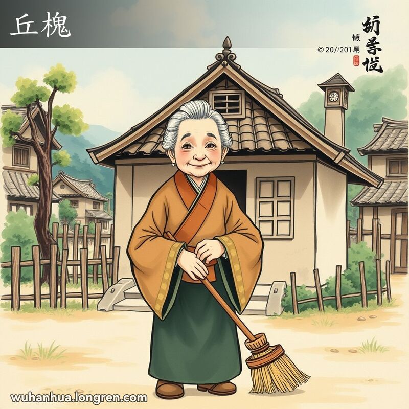 一位穿着传统中国服装的老妇人站在乡村小屋前扫地，背景是宁静的乡村场景