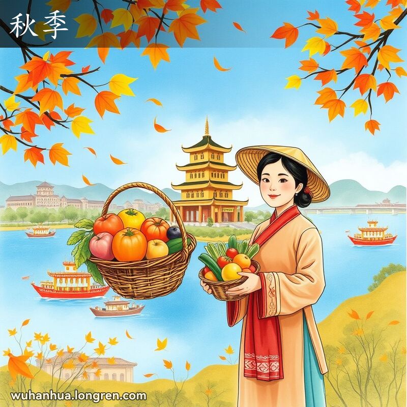 武汉秋季景象，蓝天、落叶、丰收果蔬，背景是黄鹤楼和长江