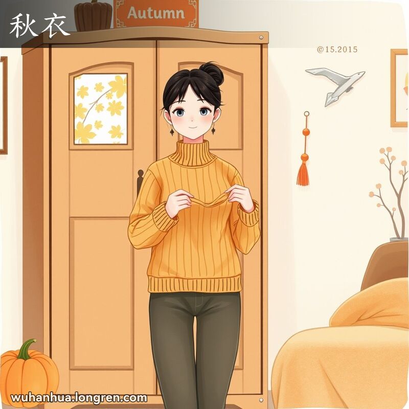 一位年轻女子站在衣柜前，手持针织秋衣，背景有秋天装饰