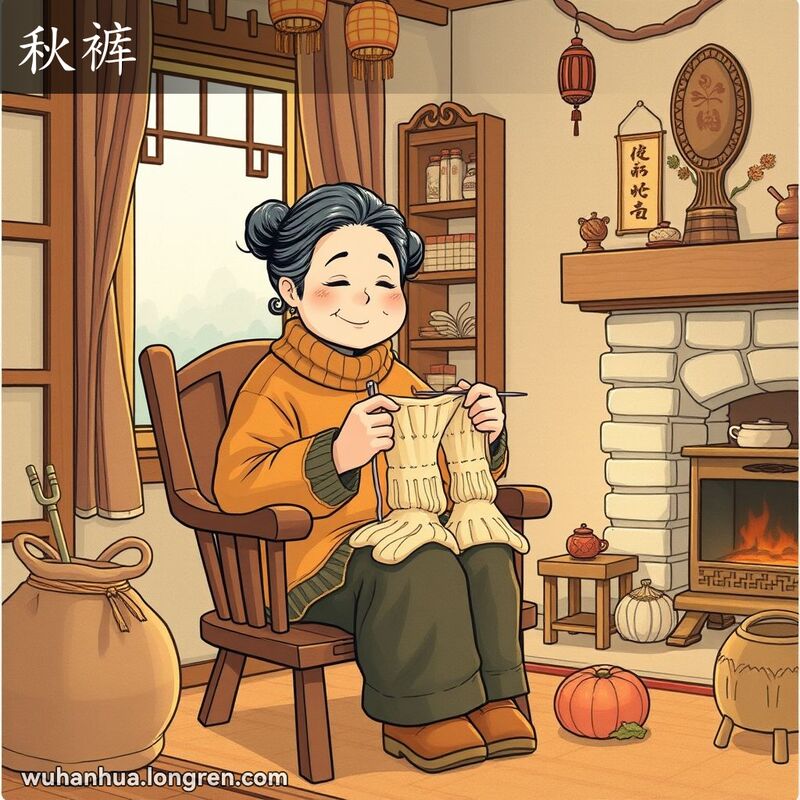 一位中年妇女在温馨的武汉老家中织秋裤，背景有小火炉和传统装饰