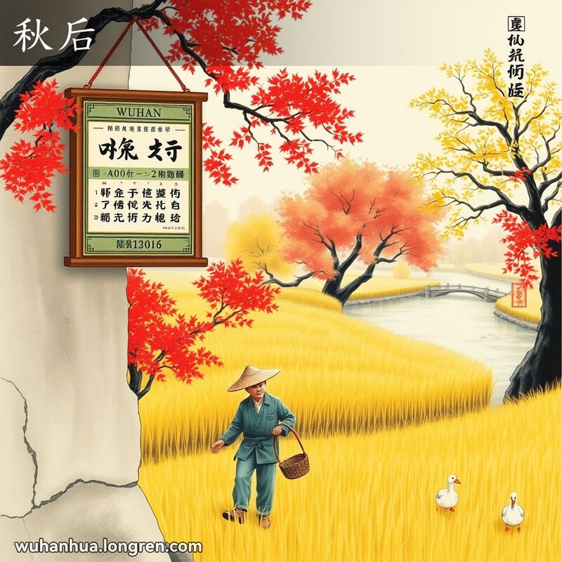 武汉秋景，树叶红黄，农民在田野收割稻子，背景有河流和小木桥，鸭子在水中游动