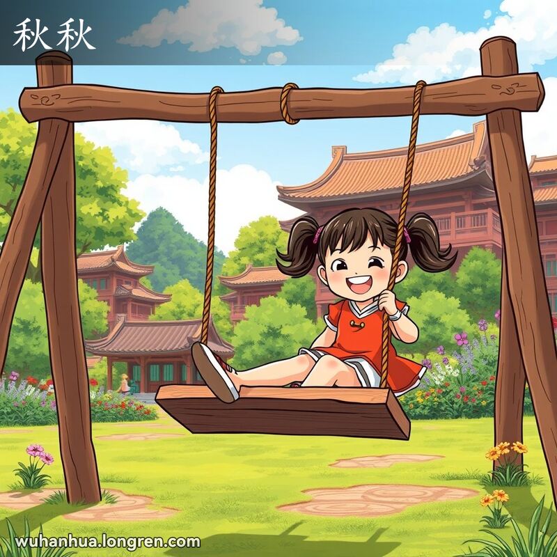 一个小女孩在武汉公园里玩秋千，背景是绿树和花草