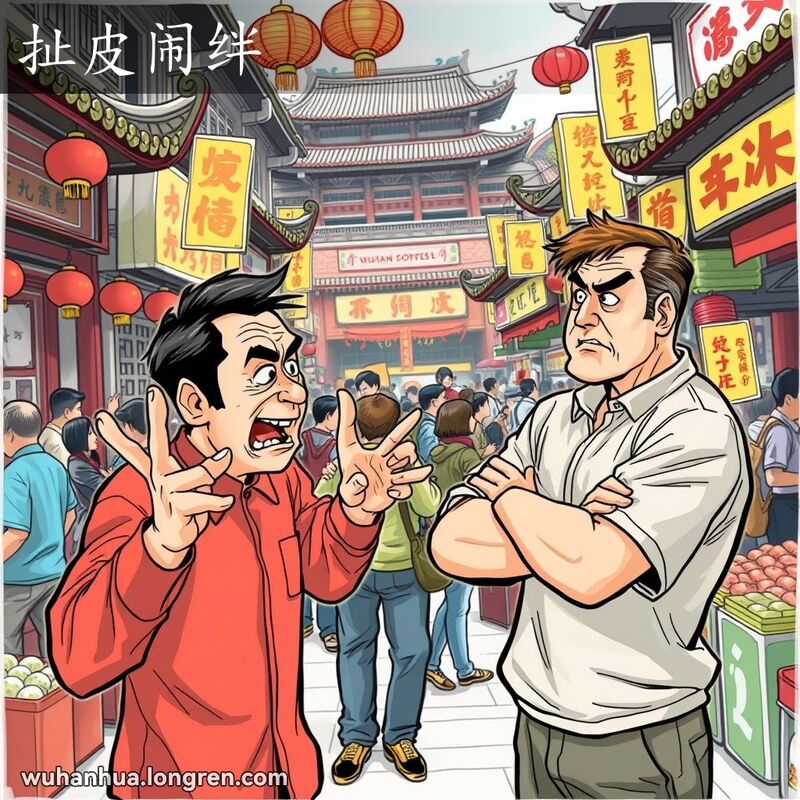 两个男子在武汉市场中因扯皮闹绊而争吵，背景是热闹的市场景象