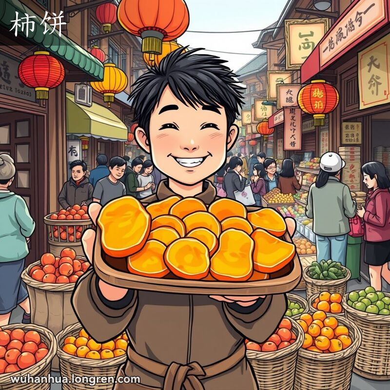 武汉街头市场上，一位小贩微笑着举起一盘柿饼，背景是热闹的市场场景。