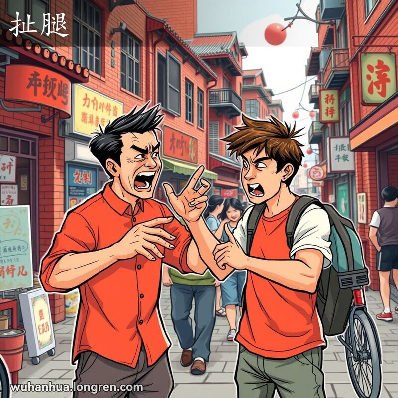 两个人在武汉街头争执，一人拉扯另一人的手臂，背景是武汉老街景