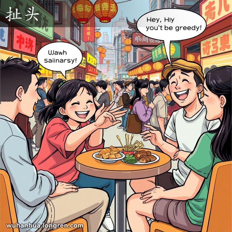 一群朋友在武汉市场上围坐享受小吃，一位年轻女子调皮地抢食物，被朋友笑着拍开手，背景是热闹的街头小吃摊。