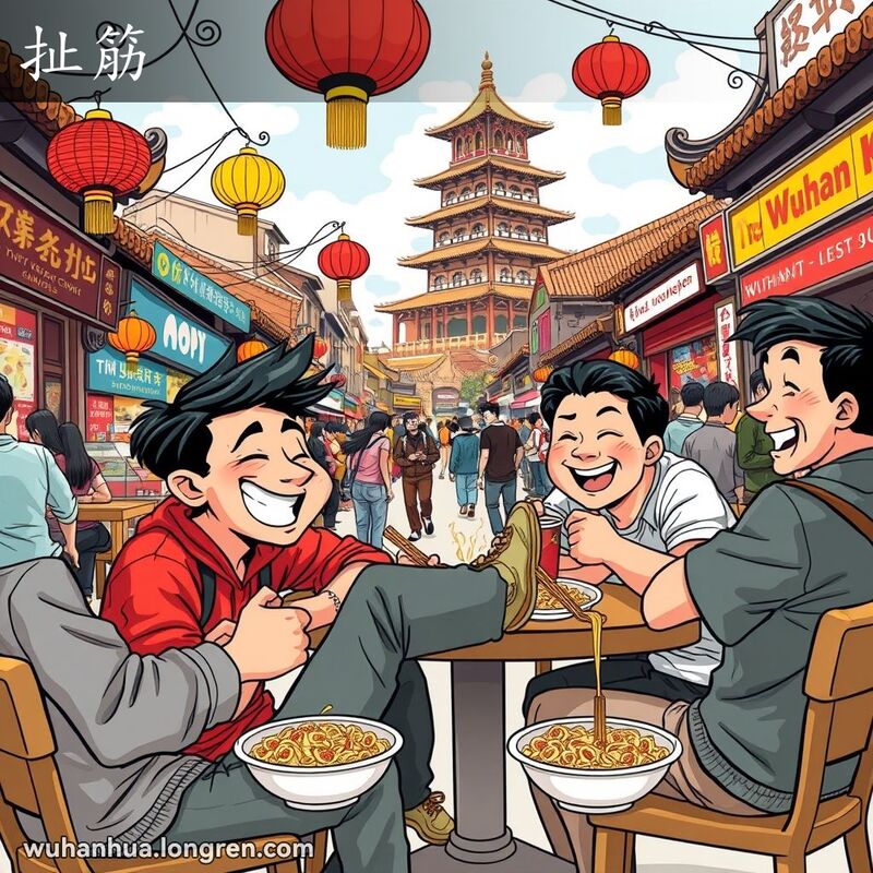 一群朋友在武汉街头小吃摊前聚餐，一个朋友正在调皮地拉另一个朋友的腿，背景是热闹的武汉老街景。