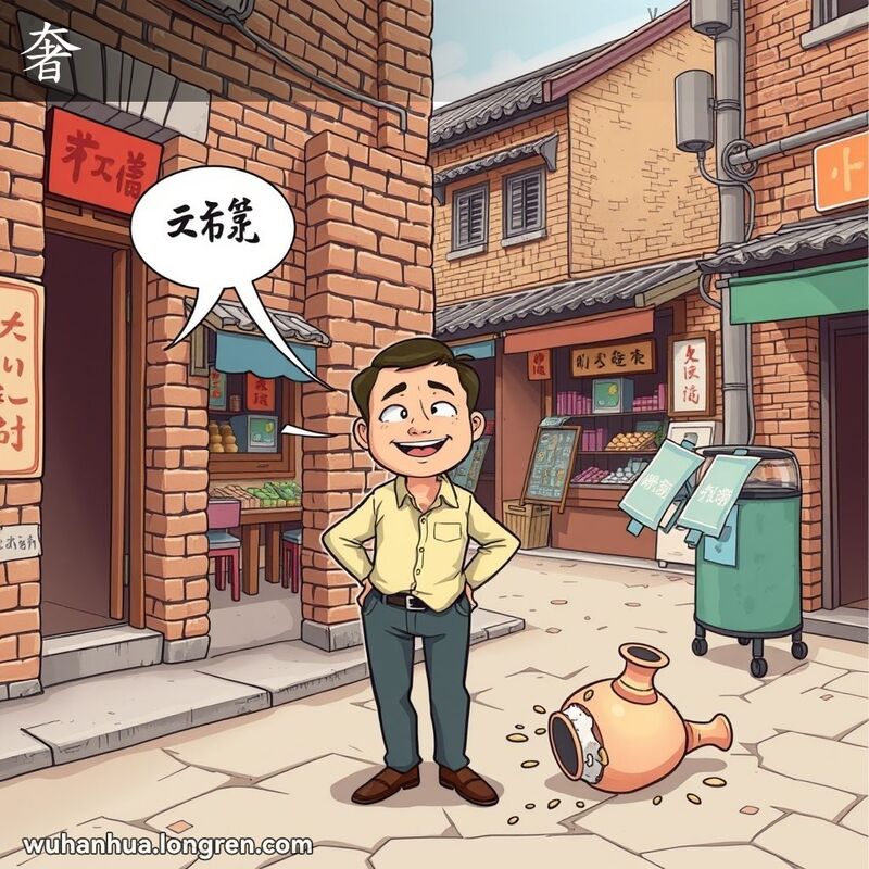 一位武汉男子站在微开的门前，脸上带着嘻笑的表情，背景中有一个破裂的花瓶，象征着“奢”的多重含义。