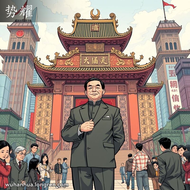 一位身穿传统中式服装的武汉权势人物站在宏伟建筑前，周围人们敬仰地仰望着他，背景是繁忙的城市景观。