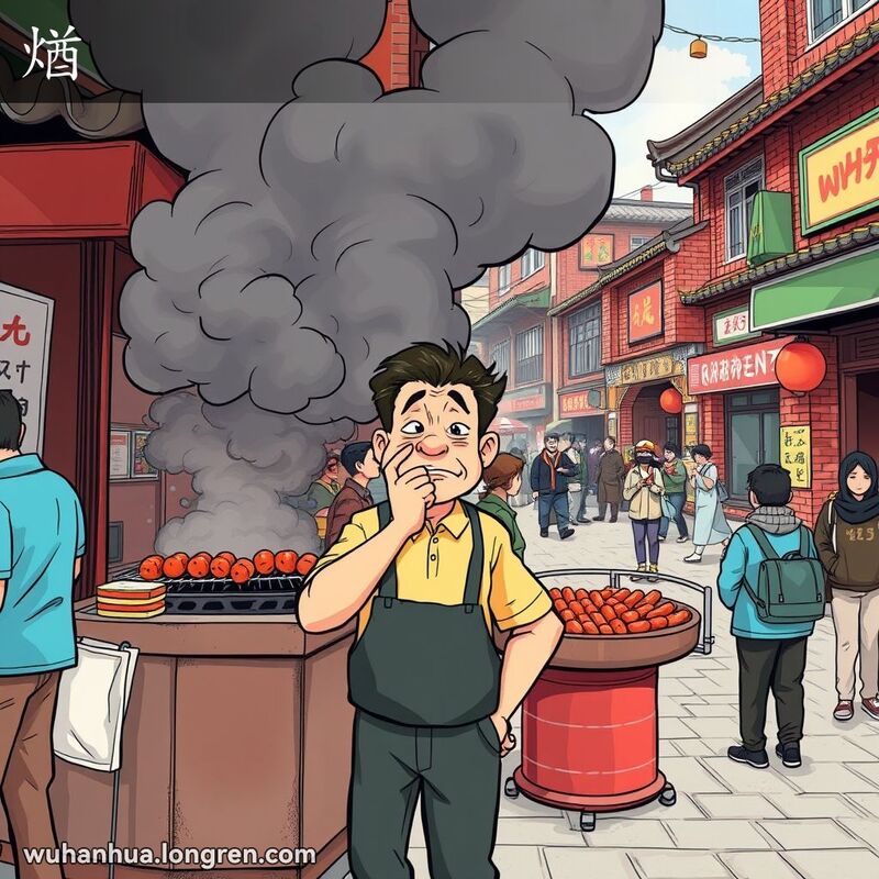 一位武汉男子在烧烤摊旁被浓烟呛得咳嗽，背景是武汉老街景