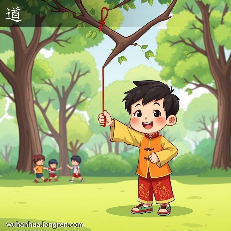 一个小男孩在公园里拉伸身体爬树，展示“遒”的动作，背景有其他孩子在玩耍