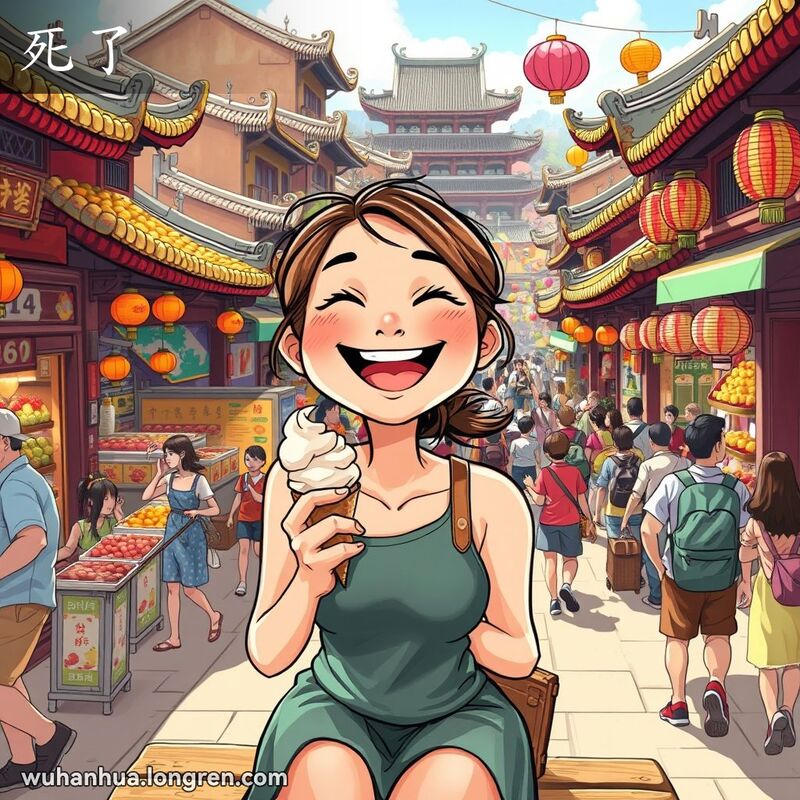 一位年轻女子坐在武汉街头的长椅上，手持冰淇淋，脸上露出极度兴奋和愉悦的表情，背景是繁忙的武汉街景。